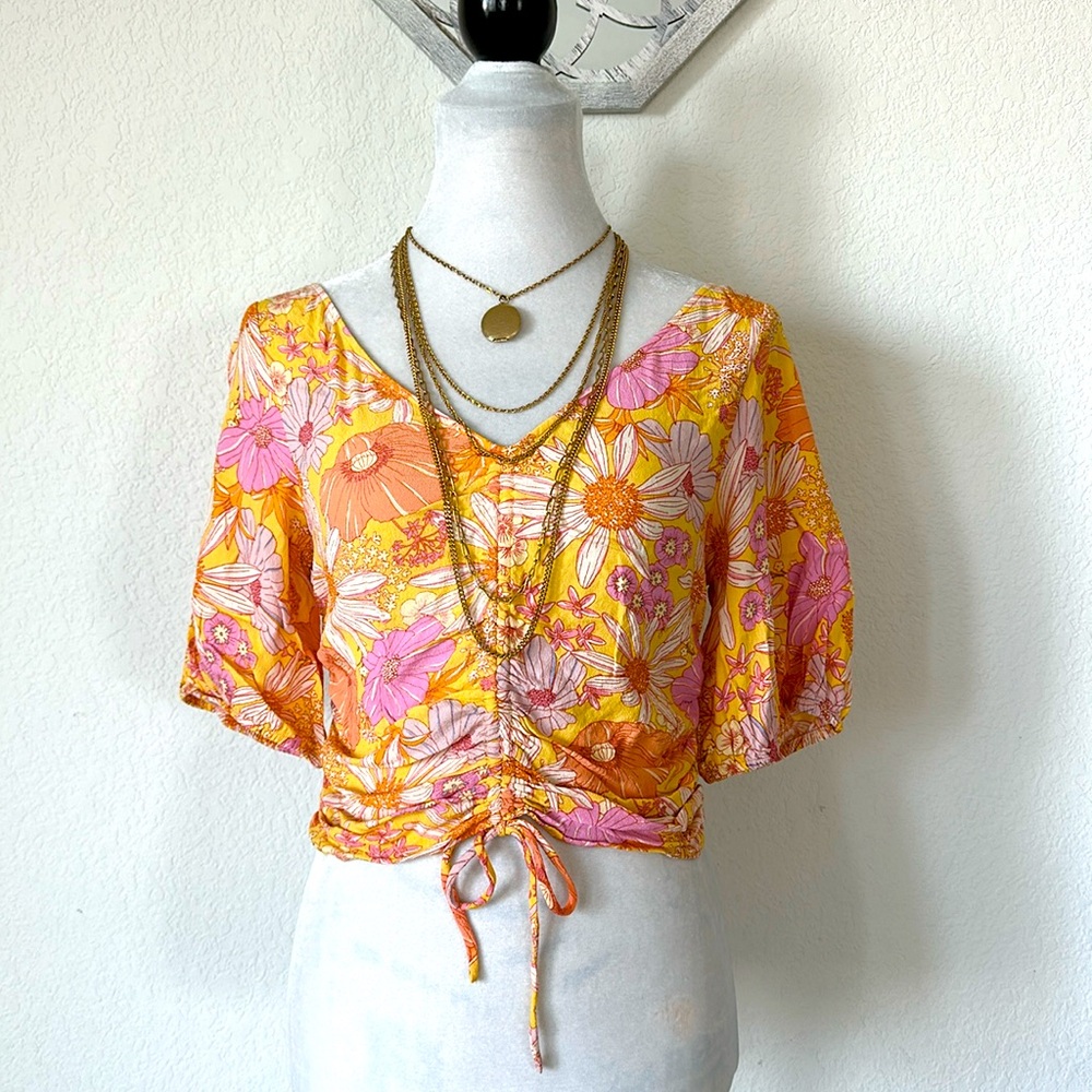 H&M • Orange Pink Floral Ruched Tie Front Boho Blouse Top